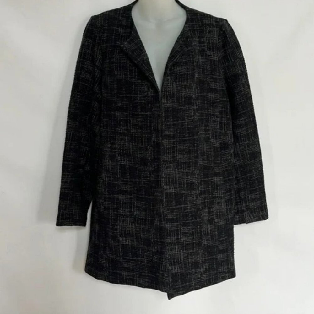 Eileen Fisher Crosshatch Open Front Black Gray Blazer Coat-Organic Cotton Size M